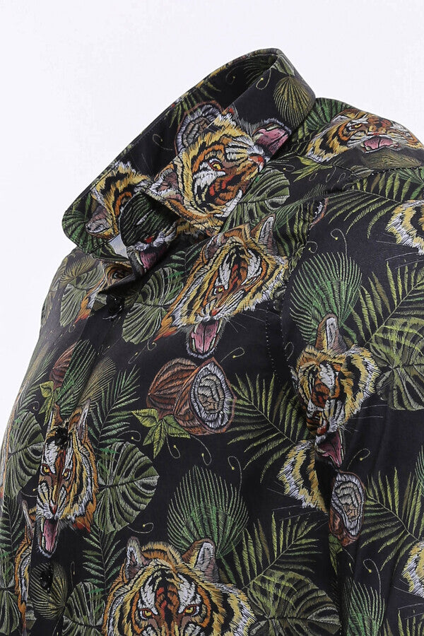 WSS Tiger Patterned Slim Fit Long Sleeves Black Men Shirt  - Sittard