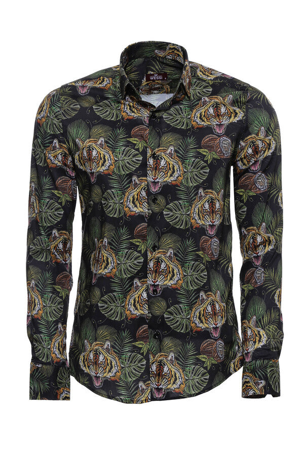 WSS Tiger Patterned Slim Fit Long Sleeves Black Men Shirt  - Sittard