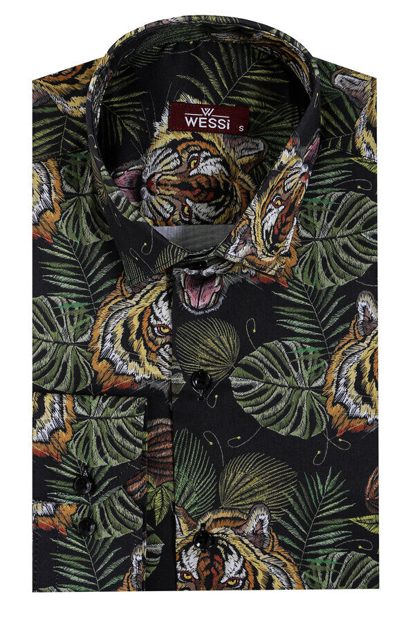 WSS Tiger Patterned Slim Fit Long Sleeves Black Men Shirt  - Sittard