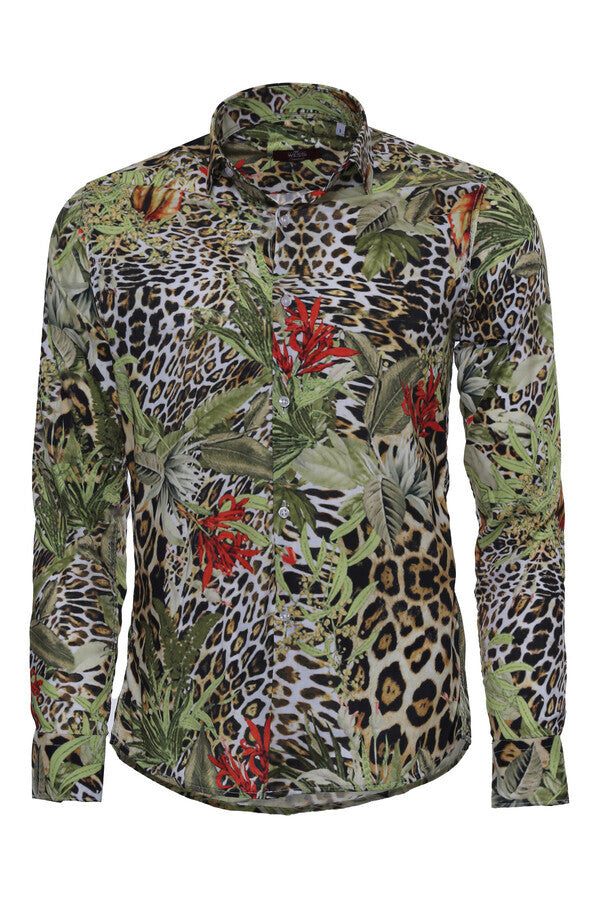 WSS Tiger Patterned Slim Fit Long Sleeves Multicolor Men Shirt  - Lárisa