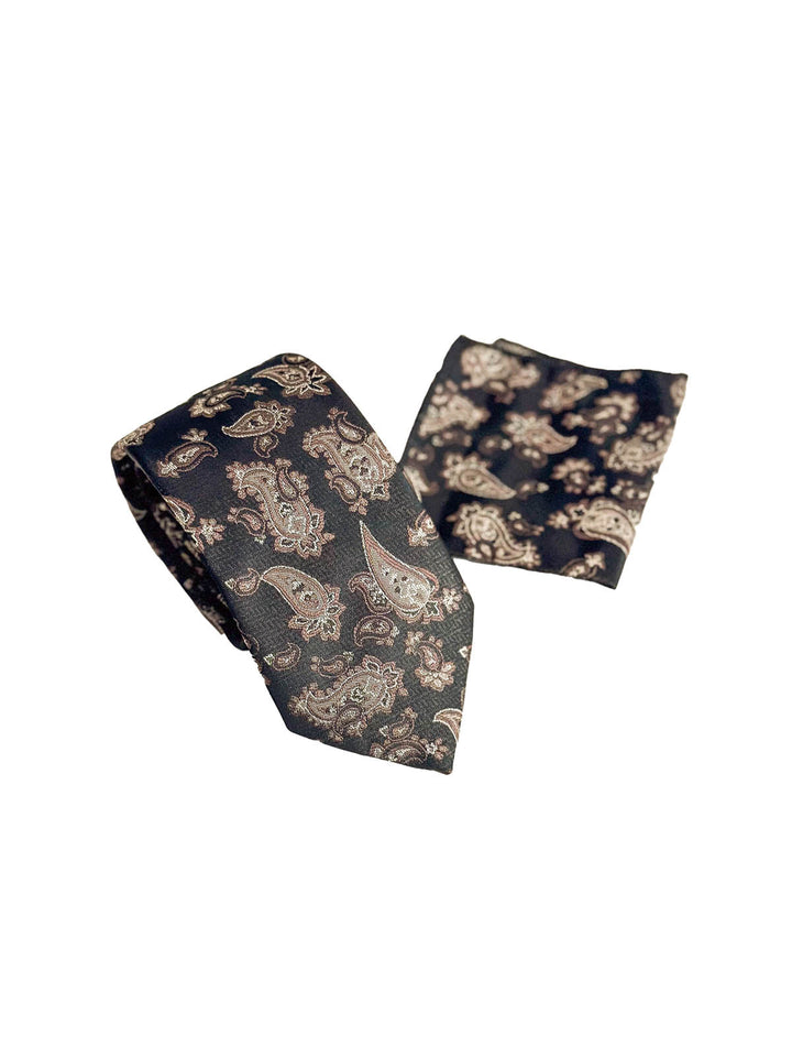 WSS Black and Brown Paisley Patterned Tie and Pocket Square Set  - Barrie