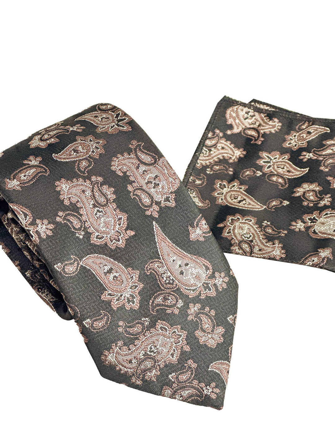 WSS Black and Brown Paisley Patterned Tie and Pocket Square Set  - Barrie