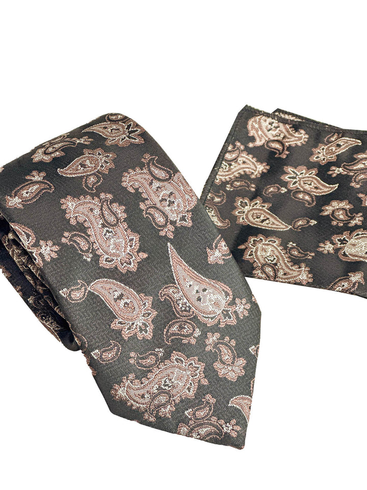 WSS Black and Brown Paisley Patterned Tie and Pocket Square Set  - Barrie
