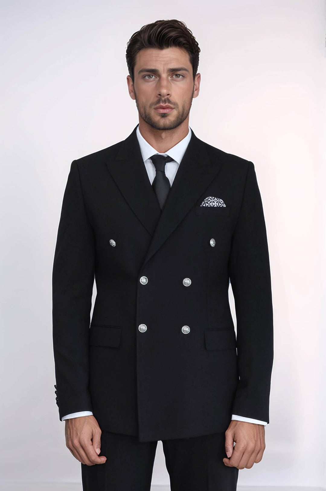 WSS Slim Fit Double-Breasted Black Men’s Suit with Silver-Tone Metal Buttons –  - Kyle