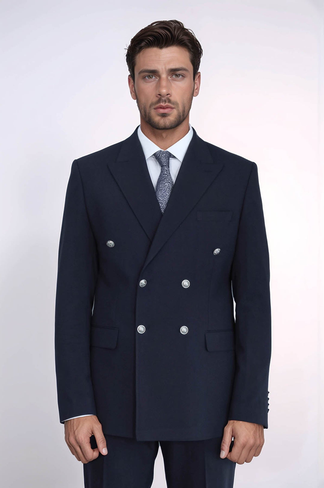 WSS Slim Fit Double-Breasted Navy Men’s Suit with Silver-Tone Metal Buttons –  - San José Villa de Allende