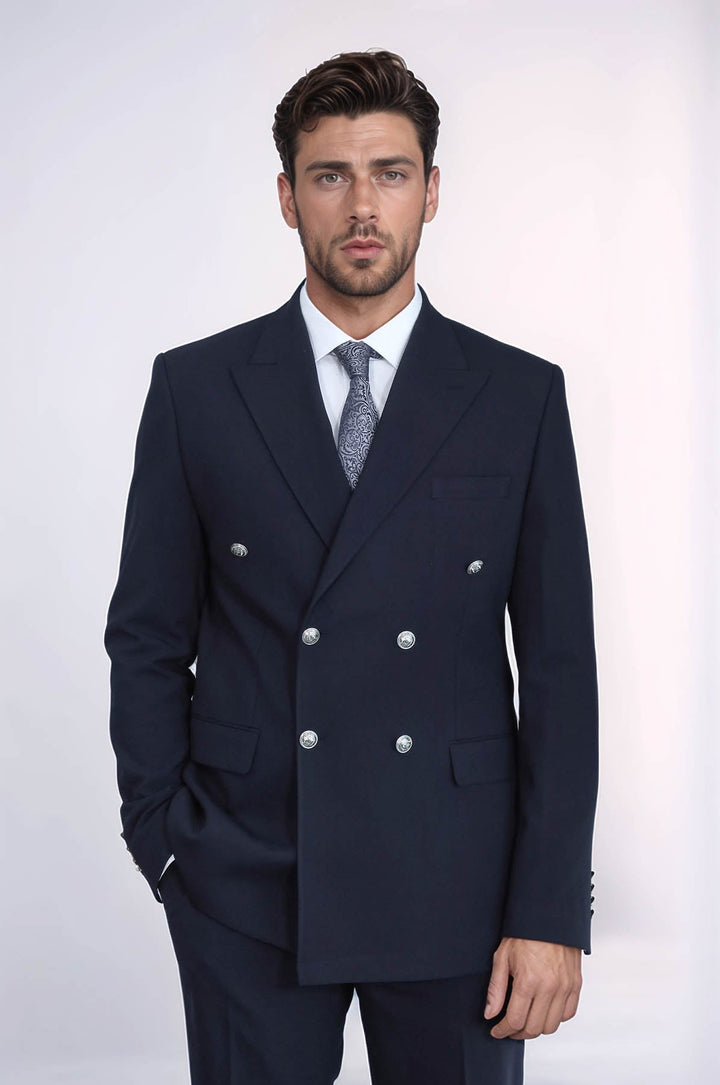WSS Slim Fit Double-Breasted Navy Men’s Suit with Silver-Tone Metal Buttons –  - San José Villa de Allende