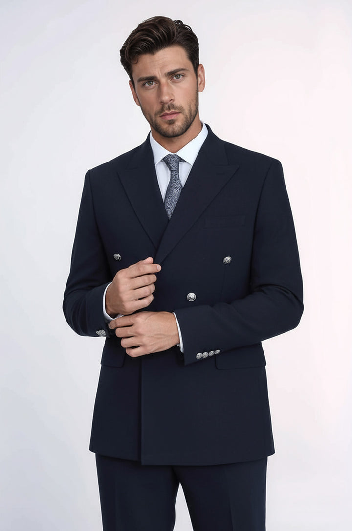 WSS Slim Fit Double-Breasted Navy Men’s Suit with Silver-Tone Metal Buttons –  - Pueblo West