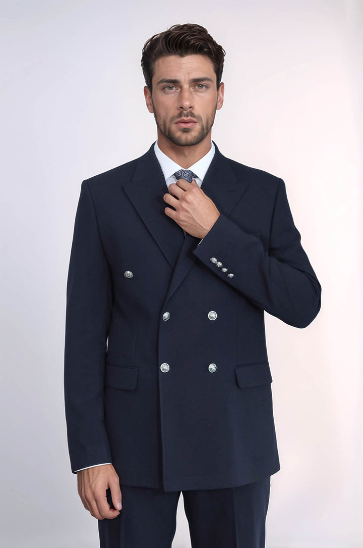 WSS Slim Fit Double-Breasted Navy Men’s Suit with Silver-Tone Metal Buttons –  - San José Villa de Allende