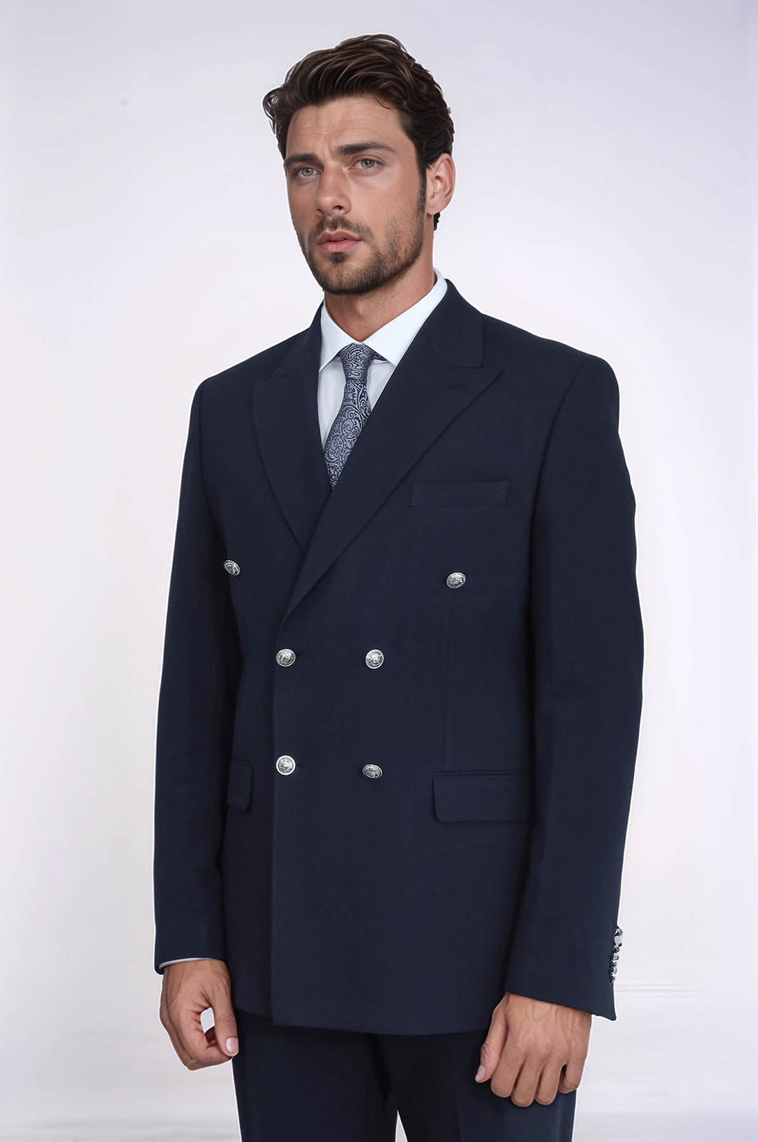 WSS Slim Fit Double-Breasted Navy Men’s Suit with Silver-Tone Metal Buttons –  - San José Villa de Allende