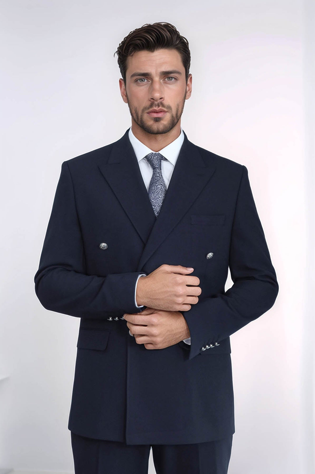 WSS Slim Fit Double-Breasted Navy Men’s Suit with Silver-Tone Metal Buttons –  - San José Villa de Allende