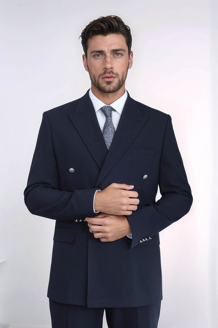 WSS Slim Fit Double-Breasted Navy Men’s Suit with Silver-Tone Metal Buttons –  - San José Villa de Allende