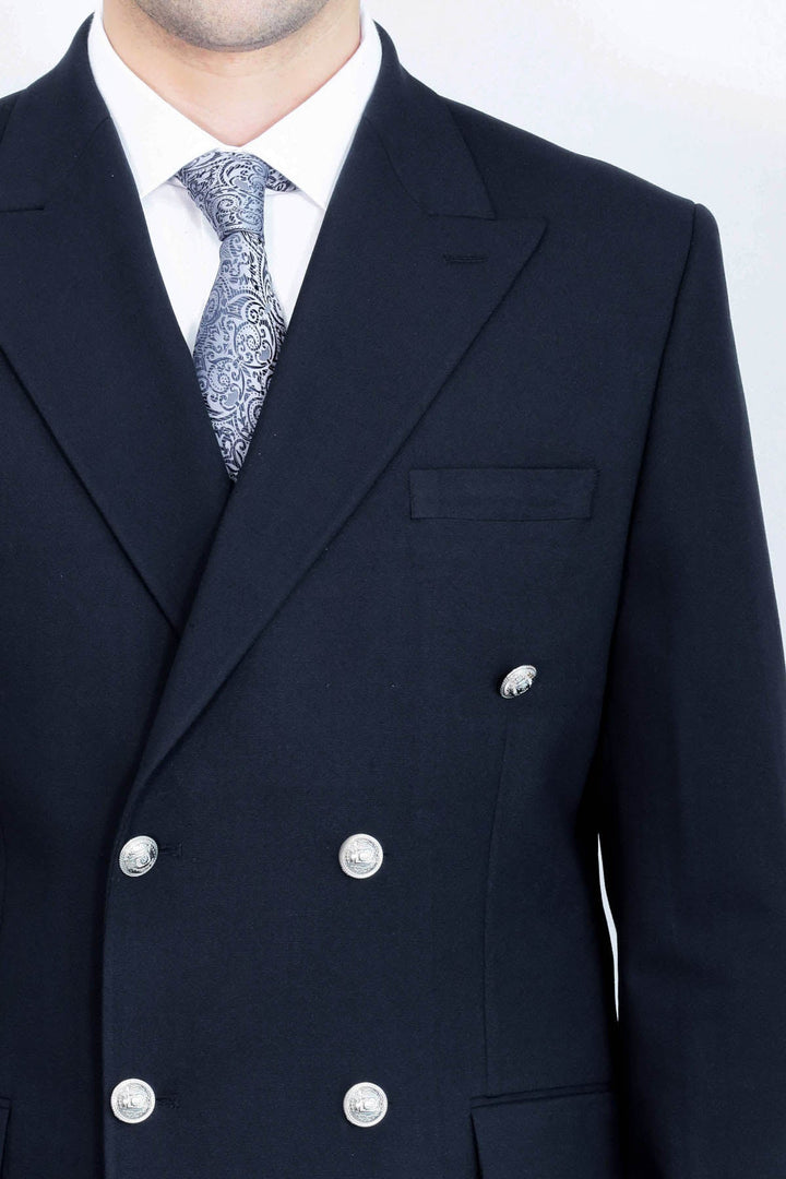 WSS Slim Fit Double-Breasted Navy Men’s Suit with Silver-Tone Metal Buttons –  - San José Villa de Allende