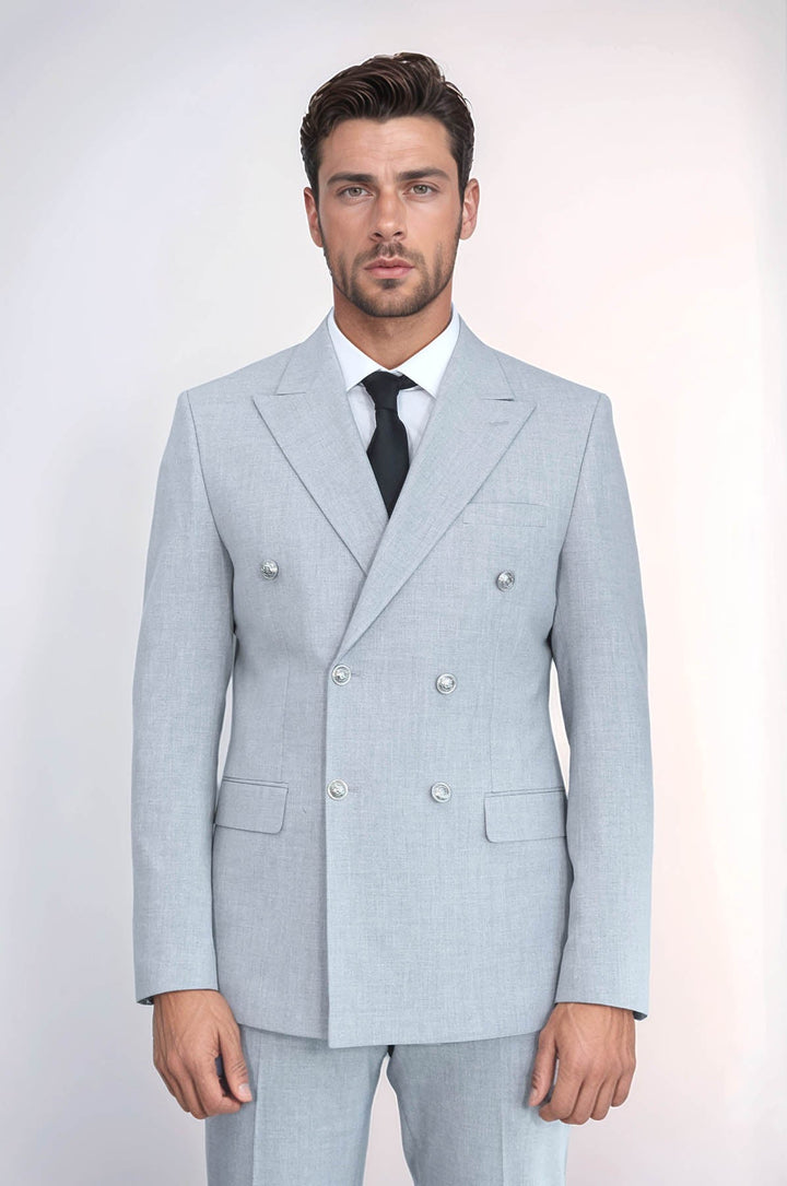 WSS Slim Fit Double-Breasted Grey Men’s Suit with Silver-Tone Metal Buttons –  - Felgueiras