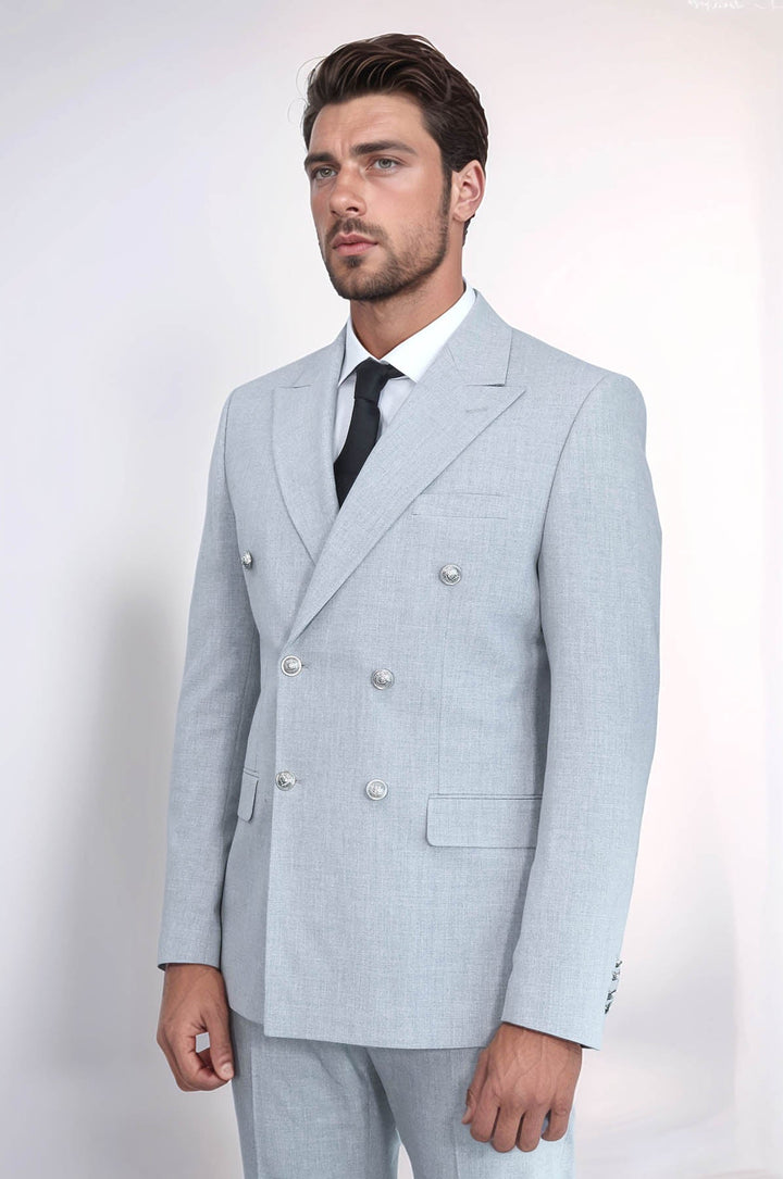 WSS Slim Fit Double-Breasted Grey Men’s Suit with Silver-Tone Metal Buttons –  - Felgueiras