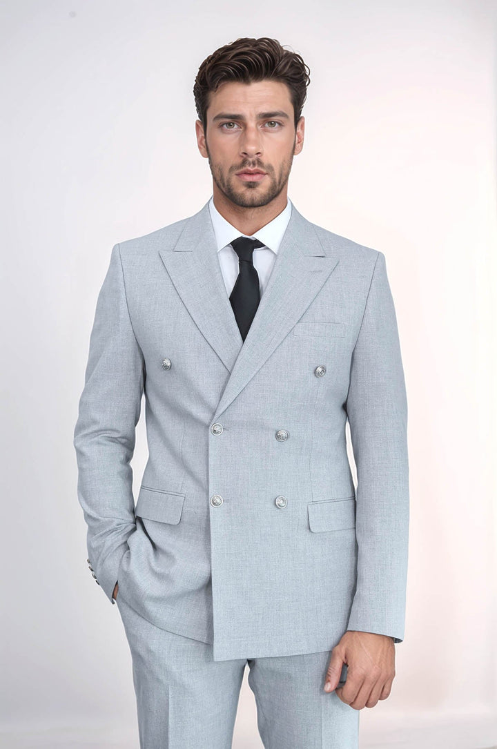 WSS Slim Fit Double-Breasted Grey Men’s Suit with Silver-Tone Metal Buttons –  - Felgueiras