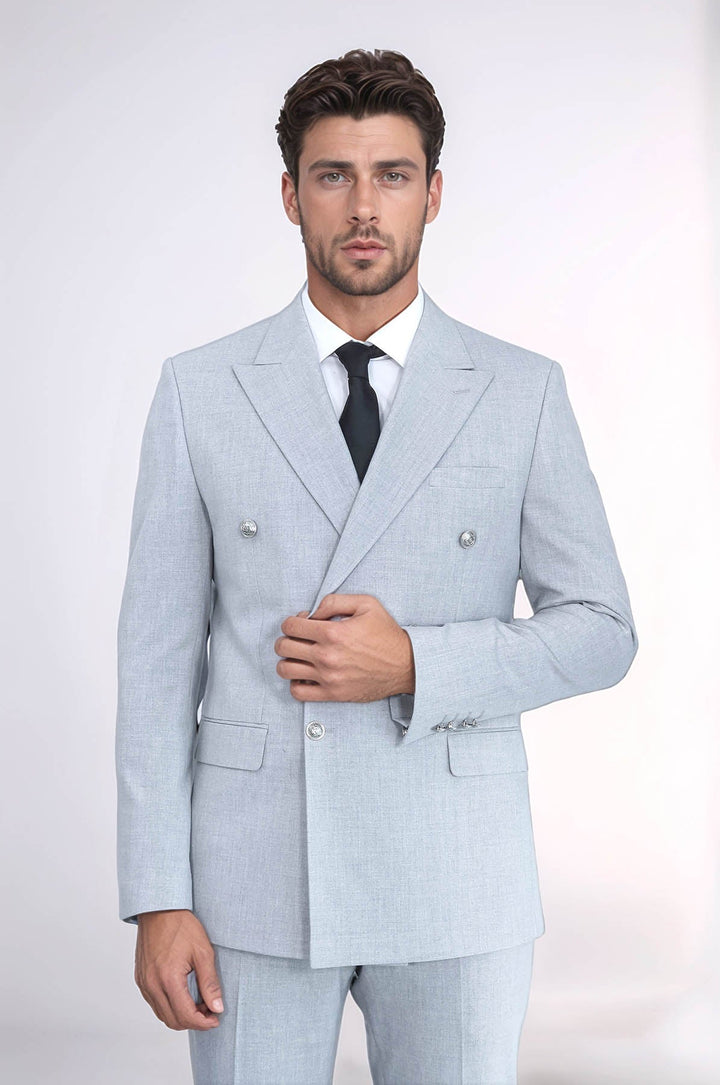 WSS Slim Fit Double-Breasted Grey Men’s Suit with Silver-Tone Metal Buttons –  - Felgueiras