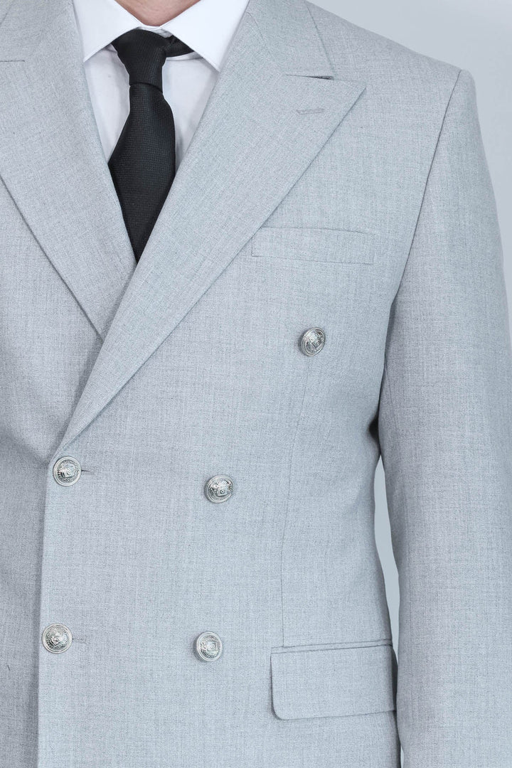 WSS Slim Fit Double-Breasted Grey Men’s Suit with Silver-Tone Metal Buttons –  - Felgueiras