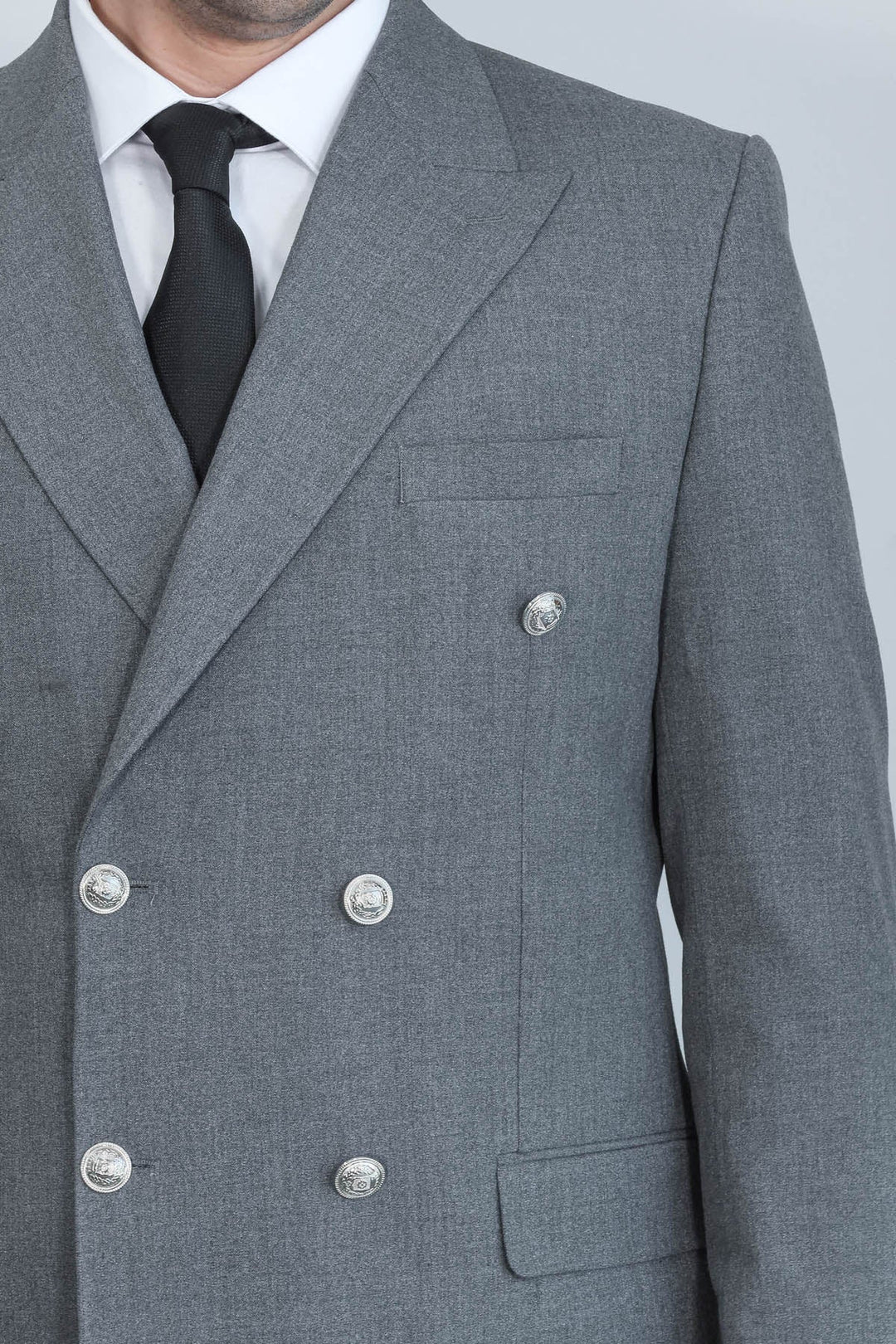 WSS Slim Fit Double-Breasted Anthracite Men’s Suit with Silver-Tone Metal Buttons –  - Rotterdam