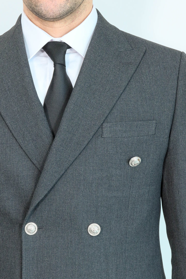 WSS Modern Fit Double-Breasted Dark Grey Men’s Suit with Silver-Tone Metal Buttons –  - East Point
