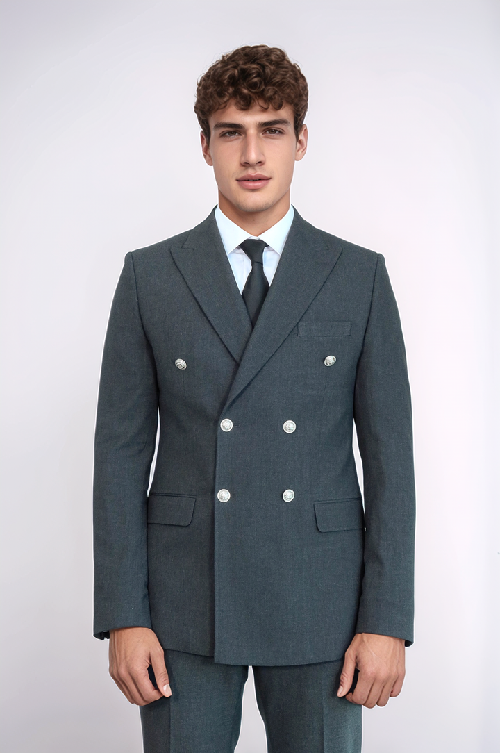 WSS Modern Fit Double-Breasted Dark Grey Men’s Suit with Silver-Tone Metal Buttons –  - East Point