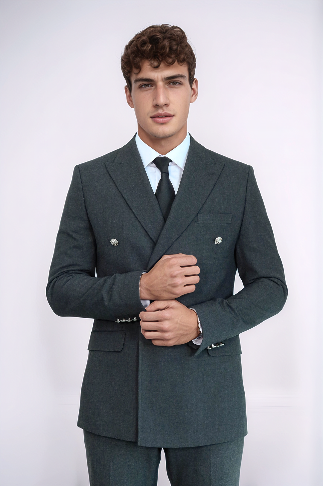 WSS Modern Fit Double-Breasted Dark Grey Men’s Suit with Silver-Tone Metal Buttons –  - East Point