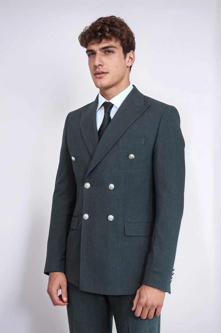 WSS Modern Fit Double-Breasted Dark Grey Men’s Suit with Silver-Tone Metal Buttons –  - East Point