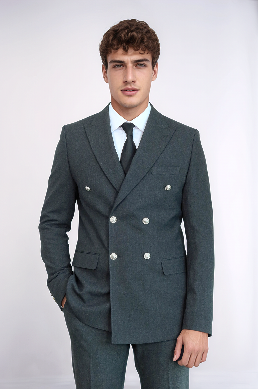 WSS Modern Fit Double-Breasted Dark Grey Men’s Suit with Silver-Tone Metal Buttons –  - East Point