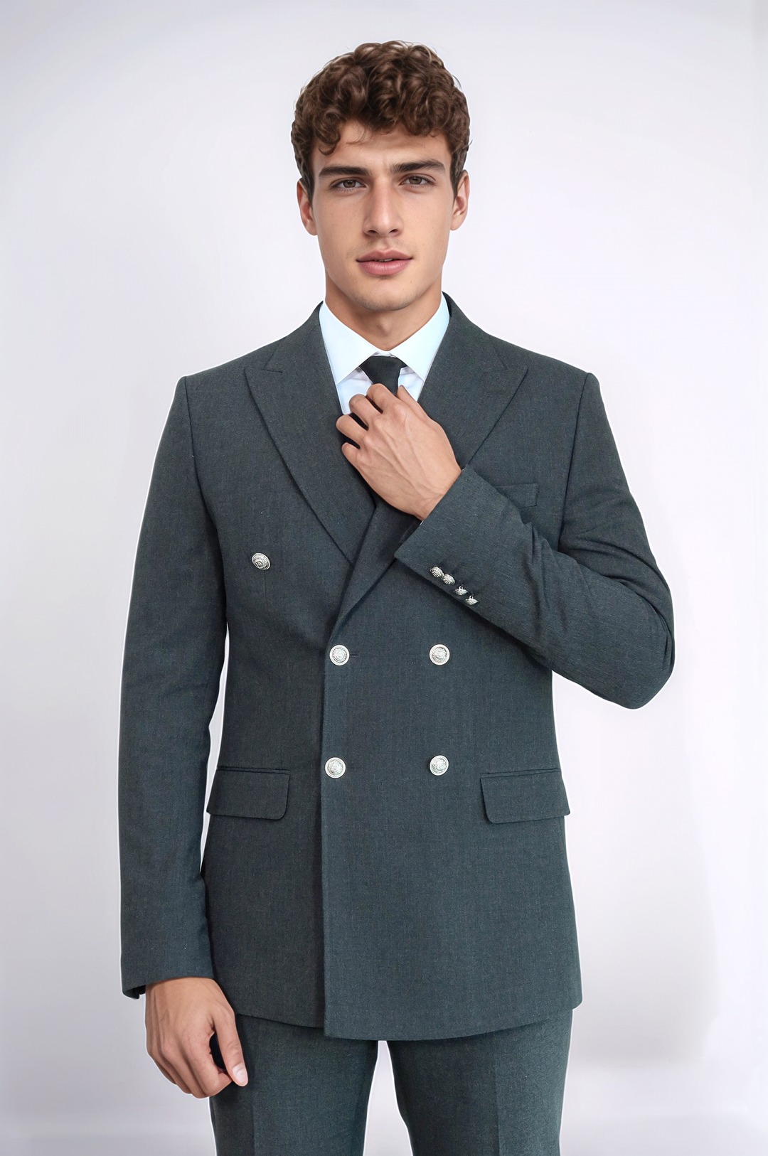 WSS Modern Fit Double-Breasted Dark Grey Men’s Suit with Silver-Tone Metal Buttons –  - East Point