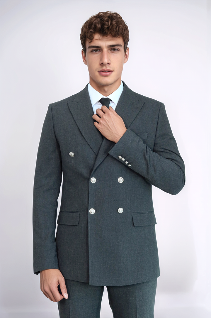 WSS Modern Fit Double-Breasted Dark Grey Men’s Suit with Silver-Tone Metal Buttons –  - East Point