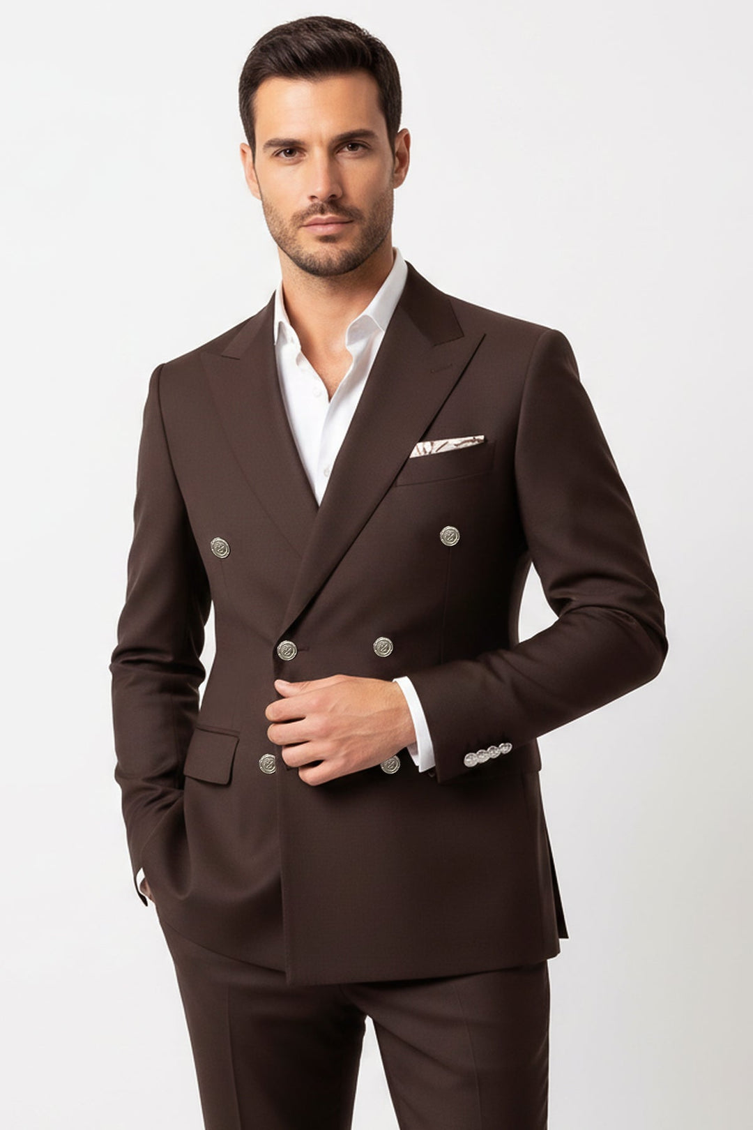 WSS Modern Fit Double-Breasted Brown Men’s Suit with Silver-Tone Metal Buttons –  - San Tan Valley