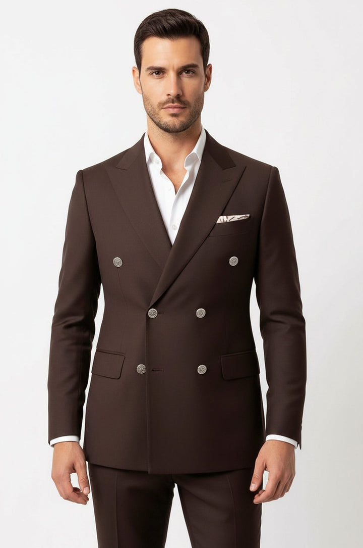 WSS Modern Fit Double-Breasted Brown Men’s Suit with Silver-Tone Metal Buttons –  - San Tan Valley