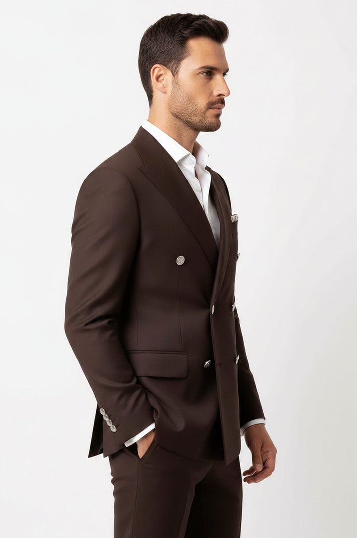 WSS Modern Fit Double-Breasted Brown Men’s Suit with Silver-Tone Metal Buttons –  - San Tan Valley