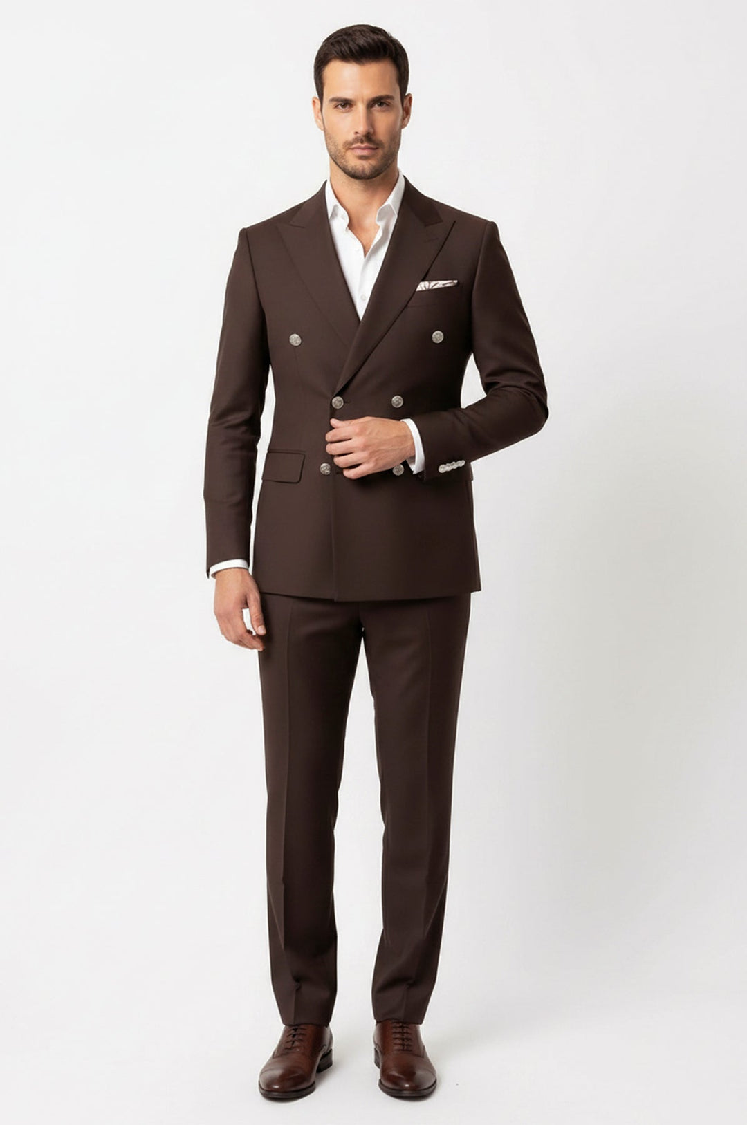 WSS Modern Fit Double-Breasted Brown Men’s Suit with Silver-Tone Metal Buttons –  - San Tan Valley