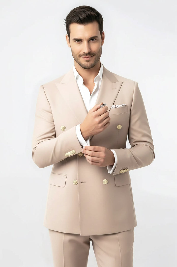 WSS Modern Fit Double-Breasted Beige Men’s Suit with Silver-Tone Metal Buttons –  - Udine