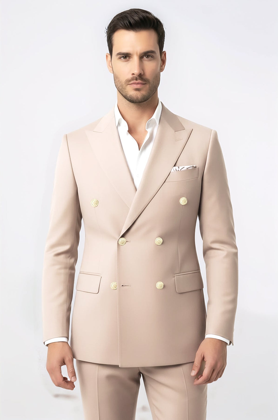 WSS Modern Fit Double-Breasted Beige Men’s Suit with Silver-Tone Metal Buttons –  - Udine