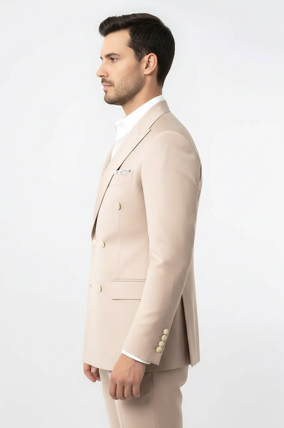 WSS Modern Fit Double-Breasted Beige Men’s Suit with Silver-Tone Metal Buttons –  - Udine
