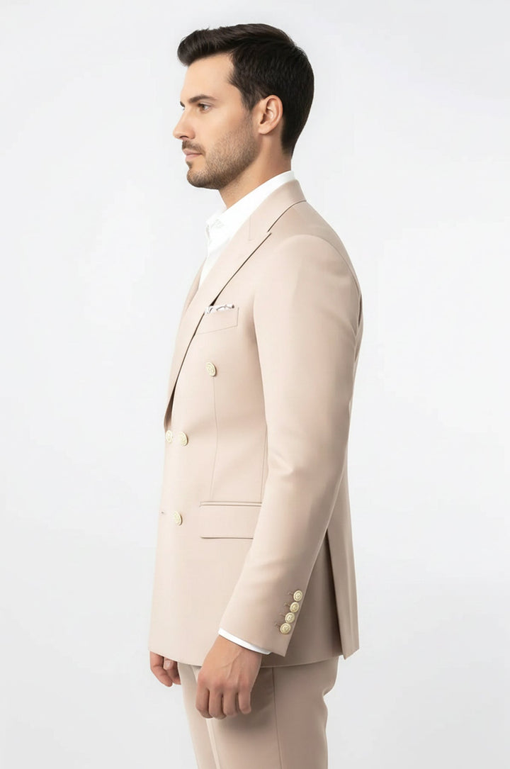 WSS Modern Fit Double-Breasted Beige Men’s Suit with Silver-Tone Metal Buttons –  - Udine