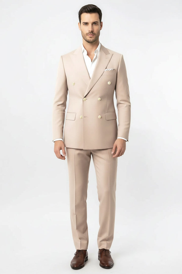WSS Modern Fit Double-Breasted Beige Men’s Suit with Silver-Tone Metal Buttons –  - Udine