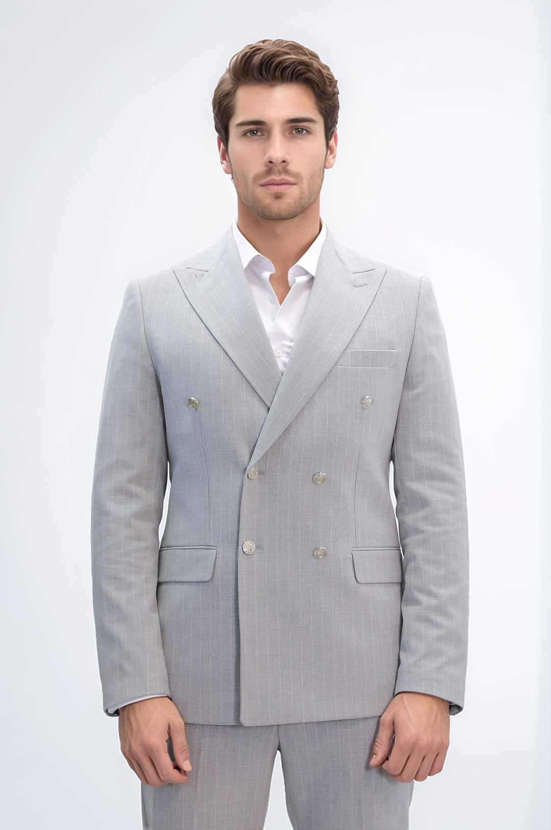 WSS Pinstripe Double Breasted Men’s Light Grey Suit with Silver Button Details  - Fort Worth