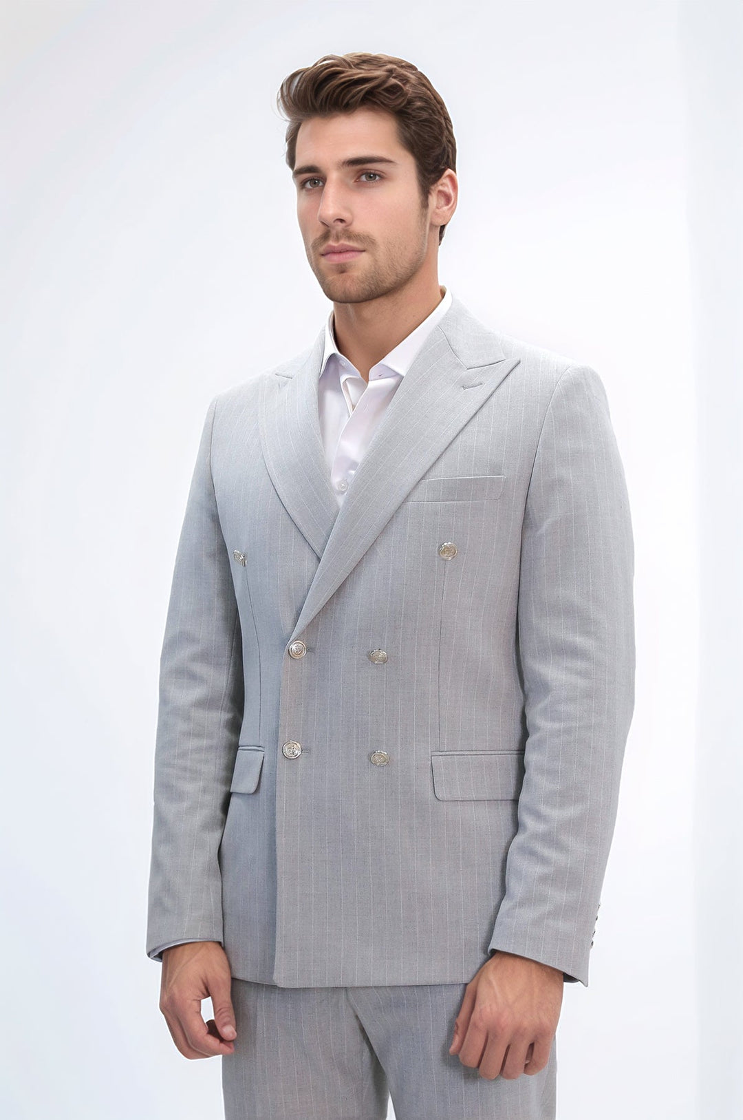 WSS Pinstripe Double Breasted Men’s Light Grey Suit with Silver Button Details  - Fort Worth