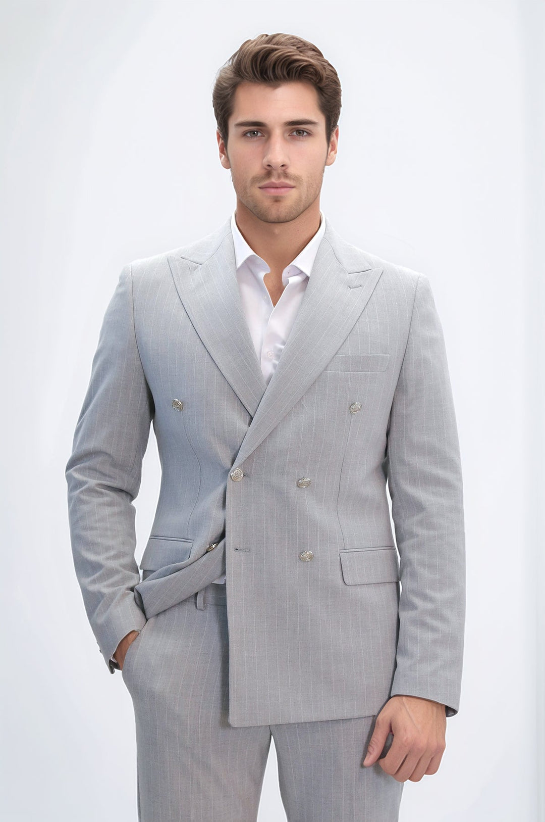 WSS Pinstripe Double Breasted Men’s Light Grey Suit with Silver Button Details  - Fort Worth