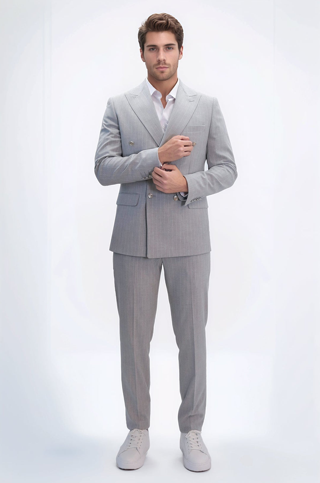 WSS Pinstripe Double Breasted Men’s Light Grey Suit with Silver Button Details  - Fort Worth