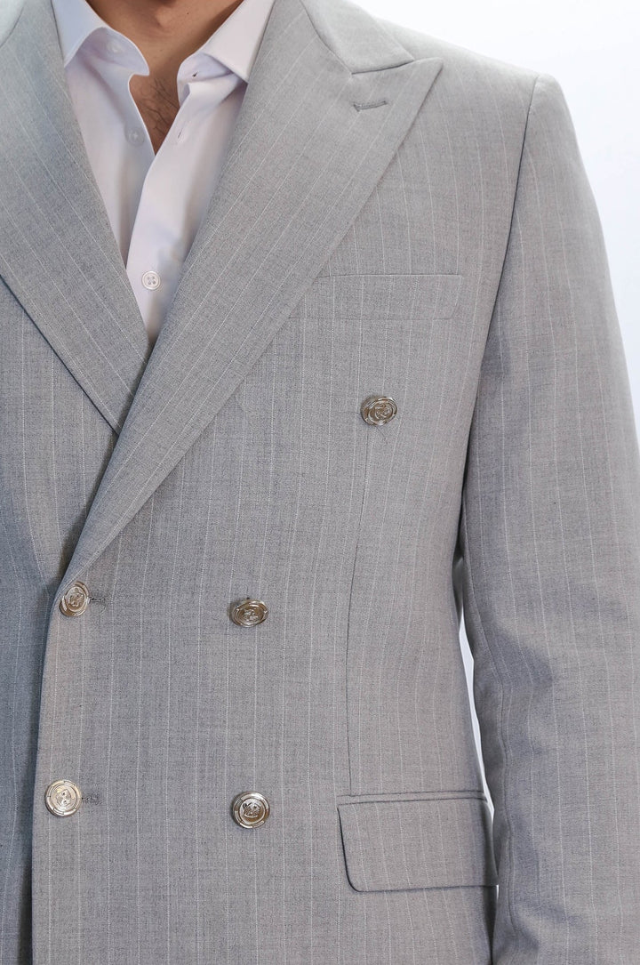 WSS Pinstripe Double Breasted Men’s Light Grey Suit with Silver Button Details  - Fort Worth