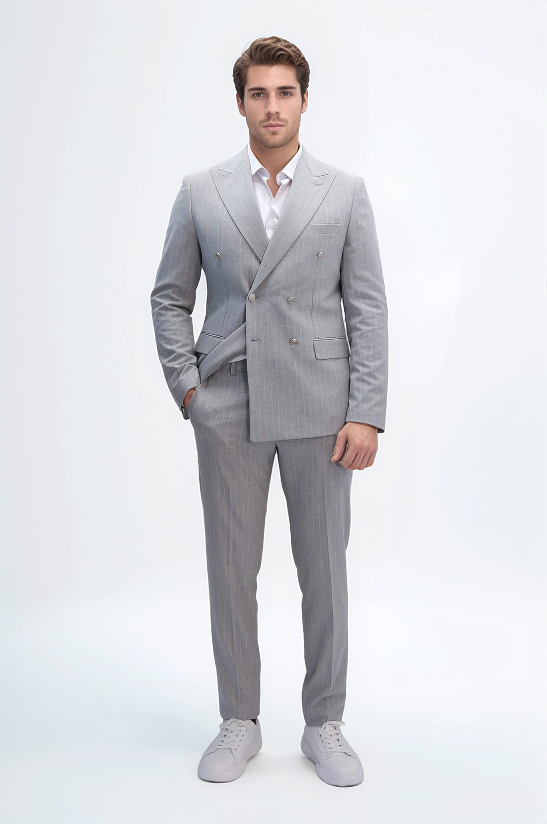 WSS Pinstripe Double Breasted Men’s Light Grey Suit with Silver Button Details  - Fort Worth