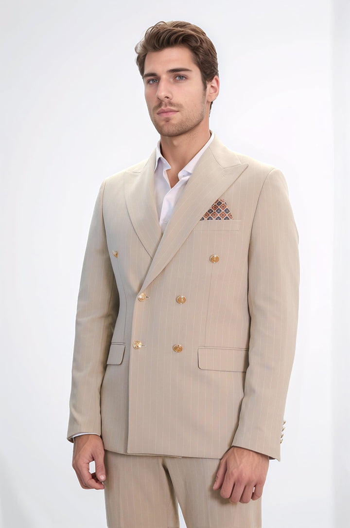 WSS Pinstripe Double Breasted Men’s Cream Suit with Silver Button Details  - Mixquiahuala de Juarez