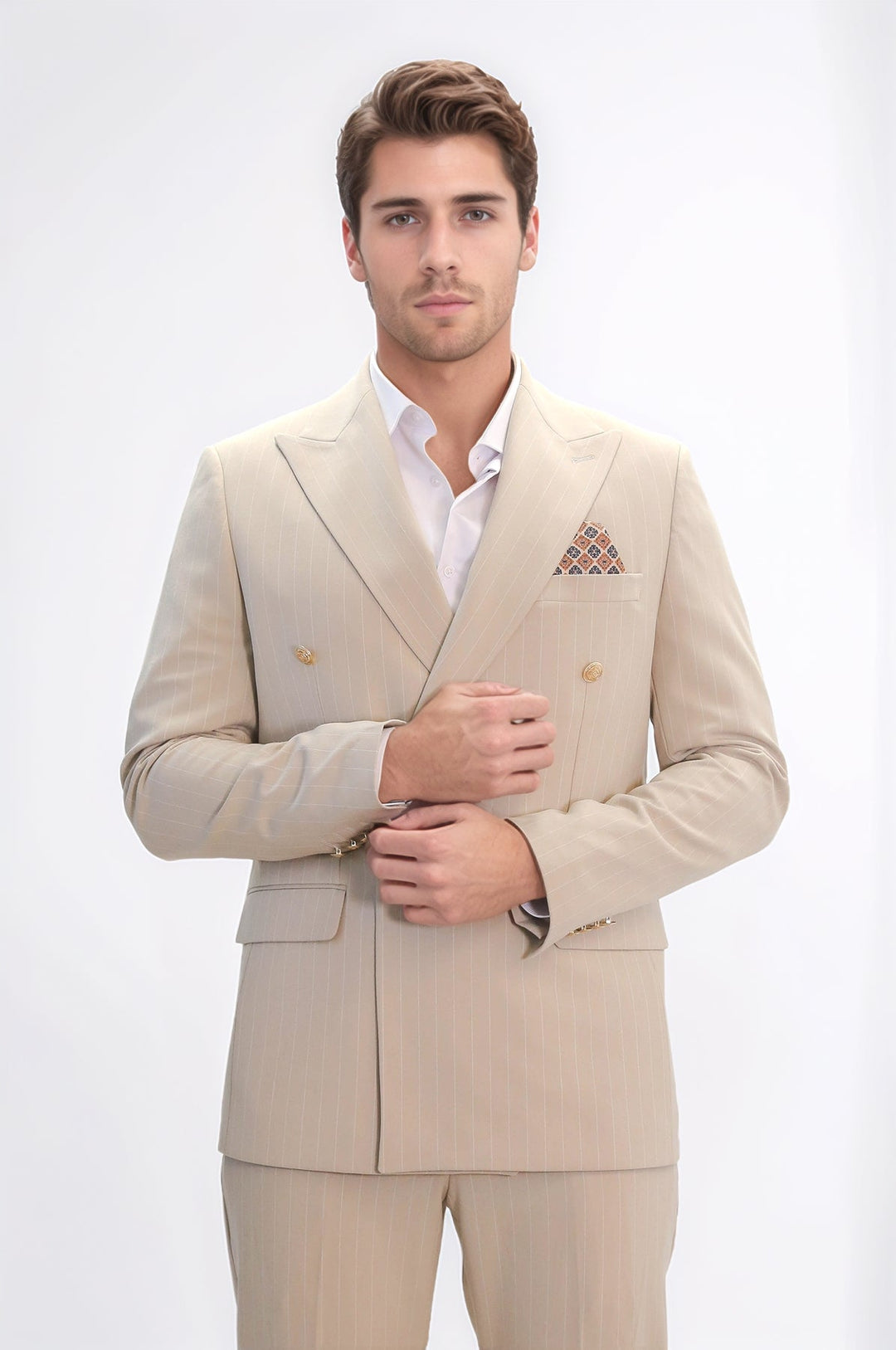 WSS Pinstripe Double Breasted Men’s Cream Suit with Silver Button Details  - Mixquiahuala de Juarez
