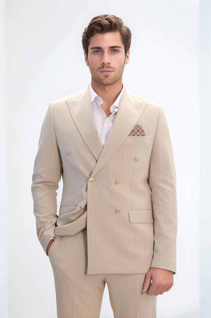 WSS Pinstripe Double Breasted Men’s Cream Suit with Silver Button Details  - Mixquiahuala de Juarez