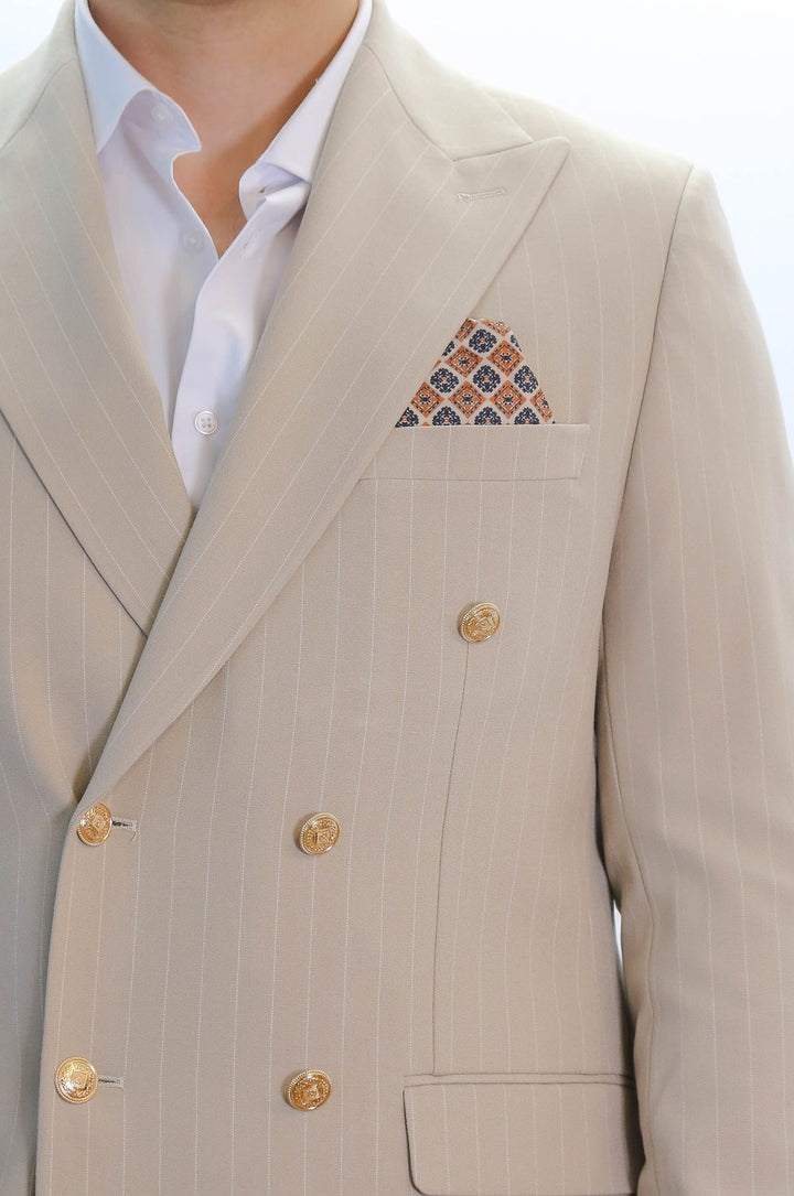 WSS Pinstripe Double Breasted Men’s Cream Suit with Silver Button Details  - Mixquiahuala de Juarez
