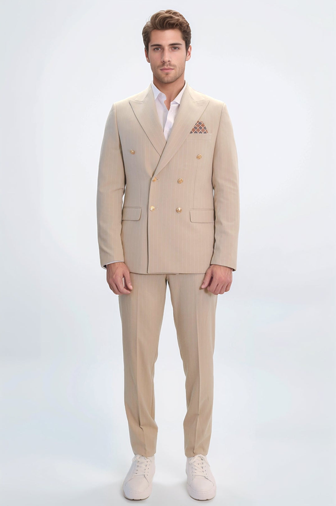 WSS Pinstripe Double Breasted Men’s Cream Suit with Silver Button Details  - Mixquiahuala de Juarez
