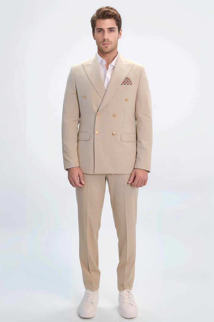 WSS Pinstripe Double Breasted Men’s Cream Suit with Silver Button Details  - Mixquiahuala de Juarez